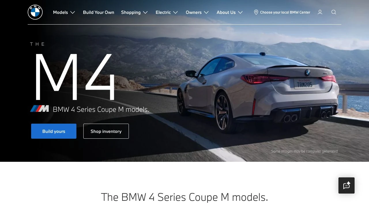 Illustrative desktop website preview of the BMW M4 model page